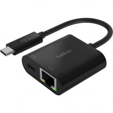 Belkin USB-C to Ethernet + Charge Adapter - 1 x Type C Male USB - 1 x RJ-45 Female Network, 1 x Type C Female USB - Black INC001BTBK