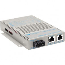 Omnitron Systems OmniConverter 10/100/1000 PoE+ Gigabit Ethernet Fiber Media Converter Switch RJ45 SC Multimode 550m Wide Temp - 2 x 10/100/1000BASE-T; 1 x 1000BASE-SX; US AC Powered; Lifetime Warranty - RoHS, WEEE Compliance 9422-0-21W