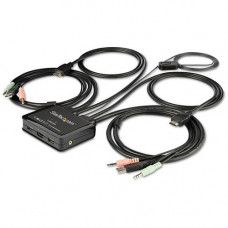 Startech.Com 2 Port HDMI KVM Switch with 4 foot Built-In Cables - OS Independent - 3.5mm Audio - USB 4K 60Hz - HDMI KVM switch accesses two computers from one workstation at 4K 60Hz - Set up HDMI KVM Switch w/ built-in 4&#39;&#39; cables - Push bu