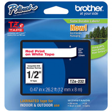 Brother 12mm (1/2") Red on White Laminated Tape (8m/26.2') (1/Pkg) - TAA Compliance TZE232