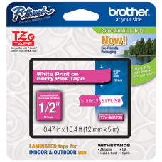 Brother 12mm (1/2") Simply Stylish White on Berry Pink Laminated Tape (5m/16.4') (1/Pkg) - TAA Compliance TZEMQP35